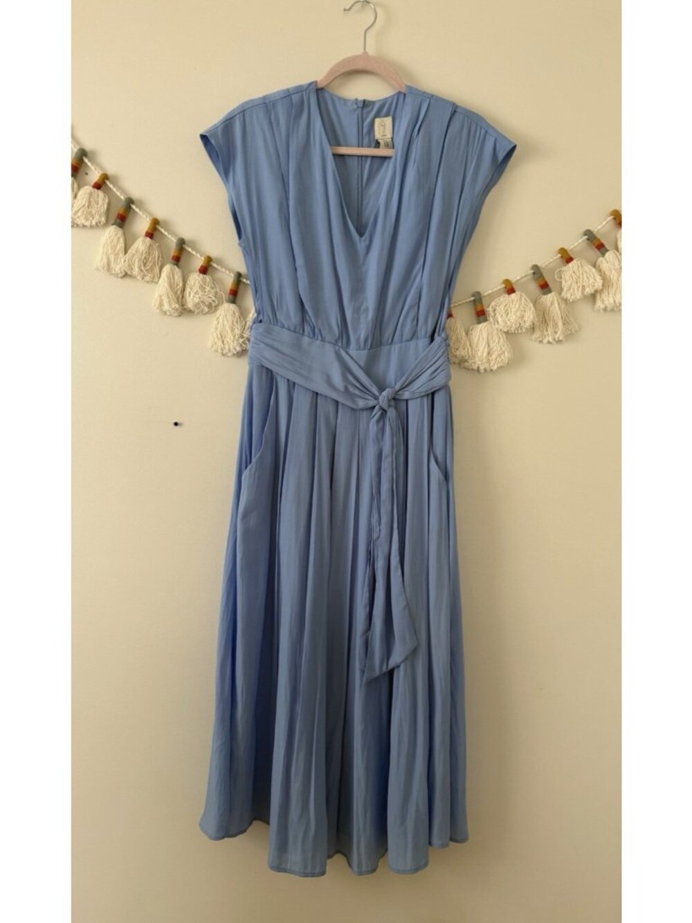 Joie Blue Pleated Belted V-neck Midi Dress Feminine Whimsy Wedding Silky 6